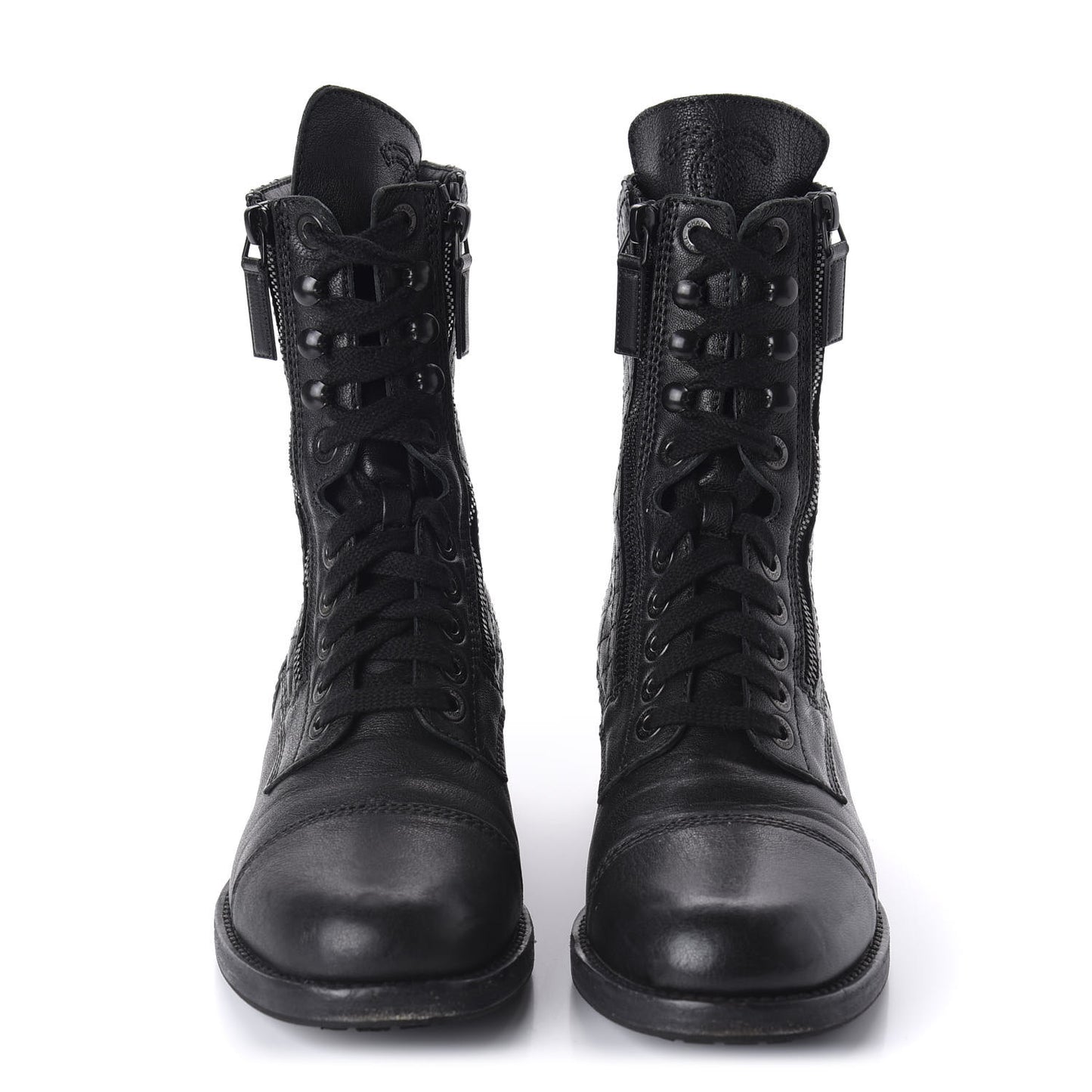 Calfskin Quilted Lace Up Combat Boots 39 Black