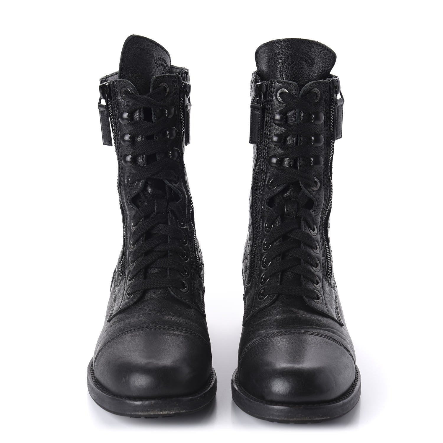 Chanel Calfskin Quilted Lace Up Combat Boots 39 Black 2 of 7