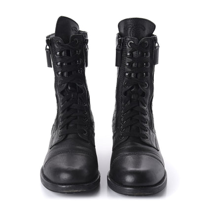 Chanel Calfskin Quilted Lace Up Combat Boots 39 Black 2 of 7