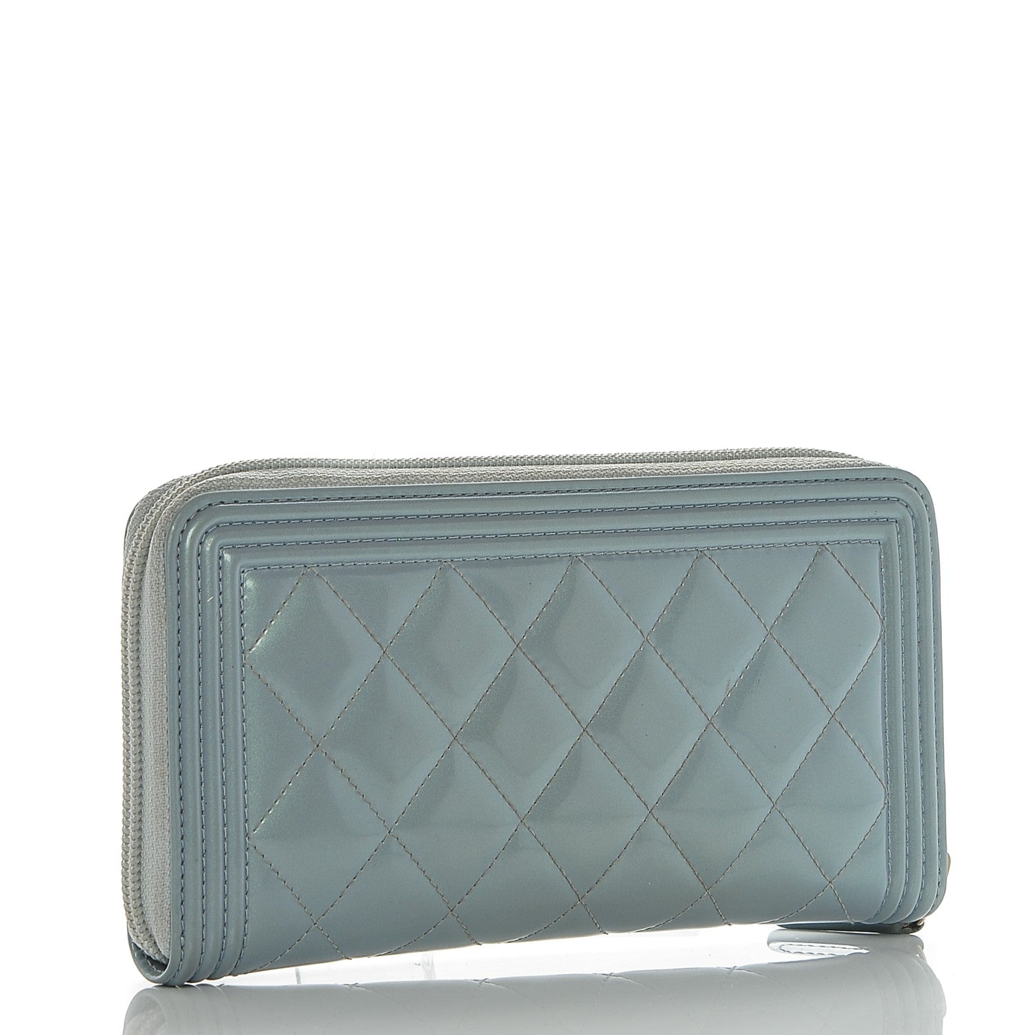 Chanel Metallic Patent Quilted Boy Zip Around Wallet Light Blue 3 of 9