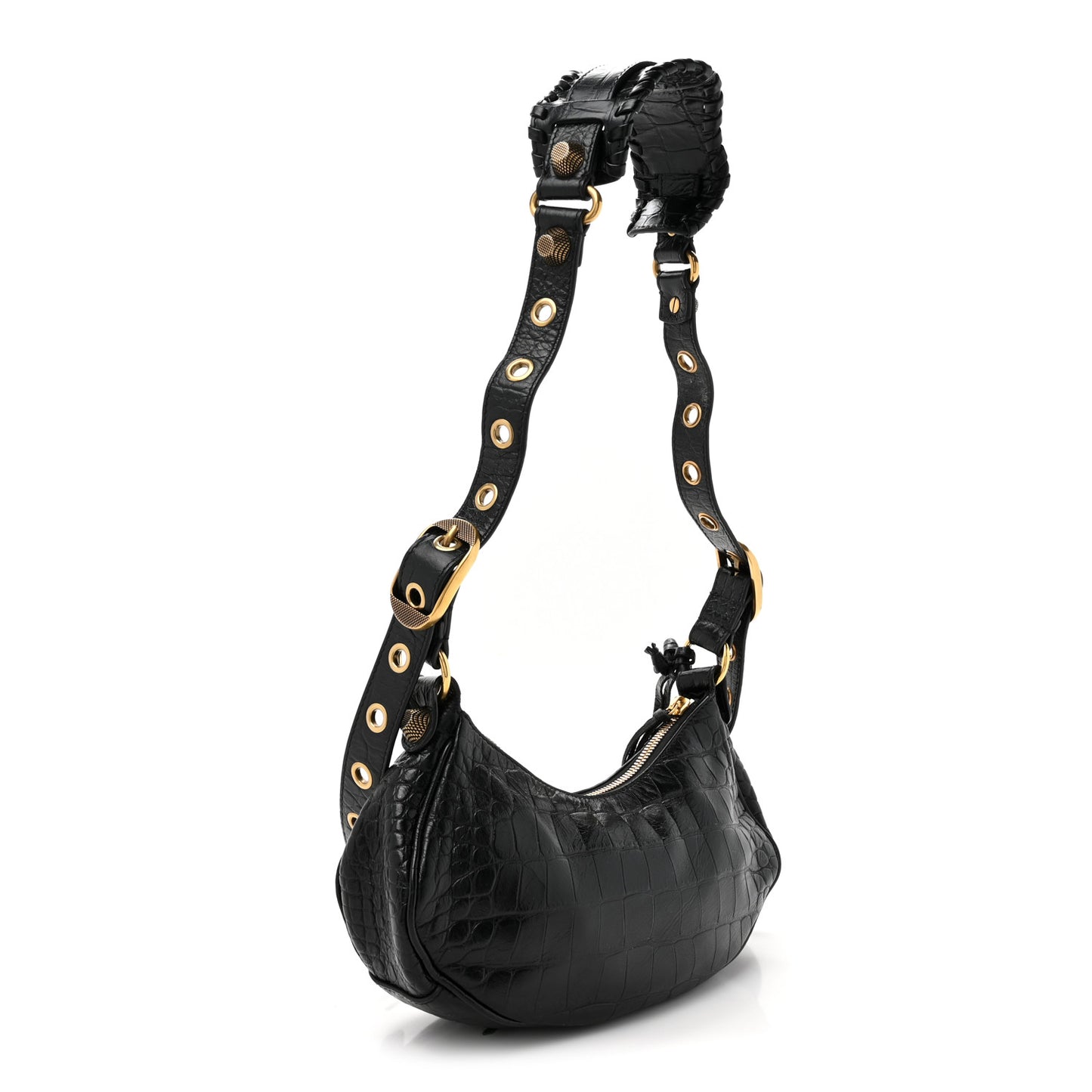 Extra Supple Calfskin Crocodile Embossed Le Cagole Shoulder Bag XS Black
