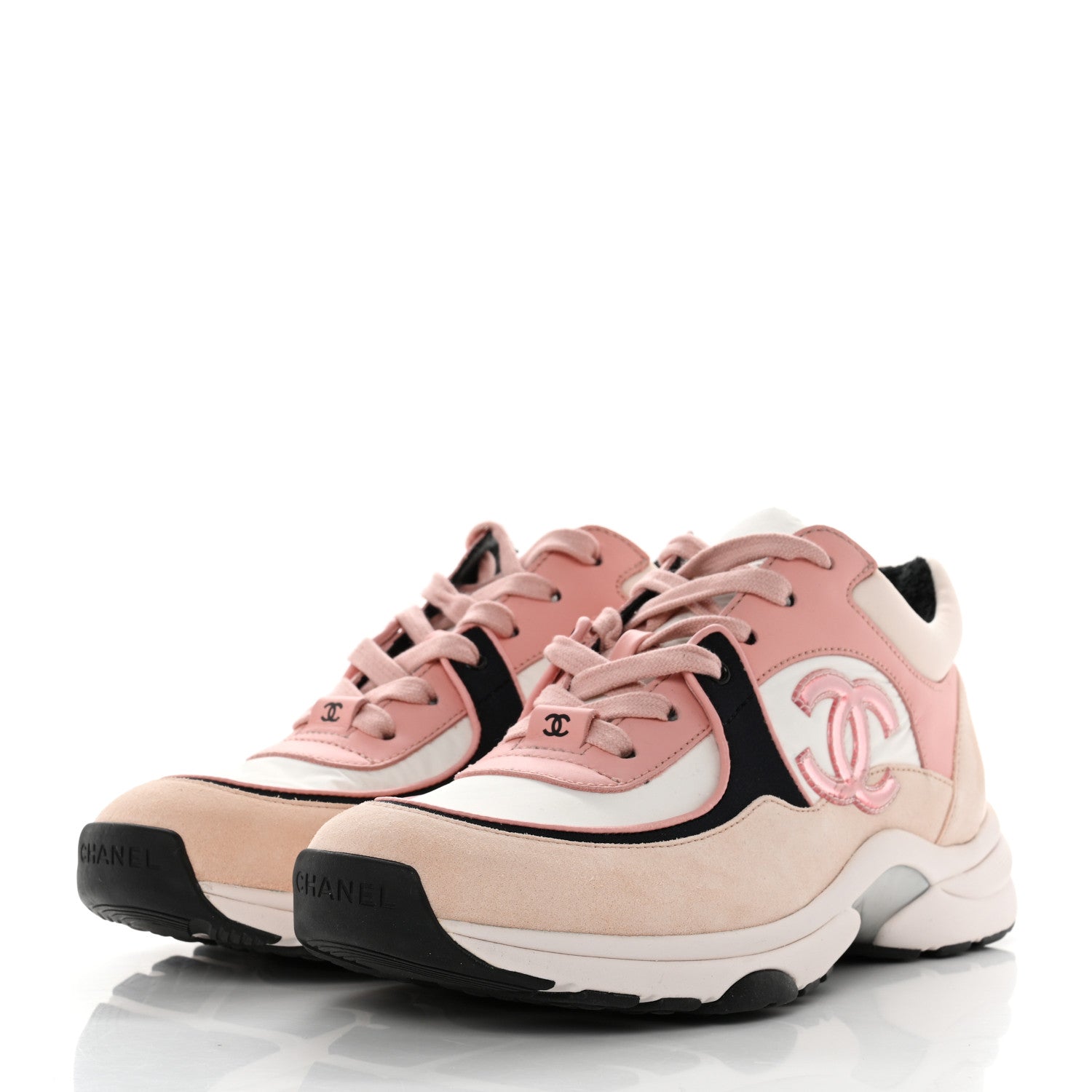 Chanel Nylon Lambskin Suede Calfskin CC Sneakers 38 Pink White Black 3 of 10