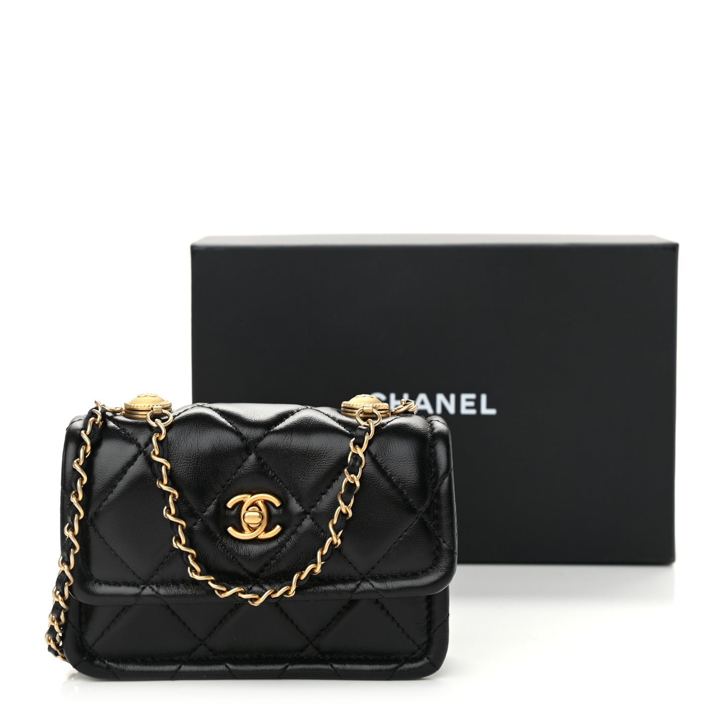 Shiny Lambskin Quilted Extra Mini Flap Black
