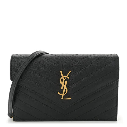 Saint Laurent Grain De Poudre Matelasse Chevron Monogram Envelope Chain Wallet Black 1 of 10