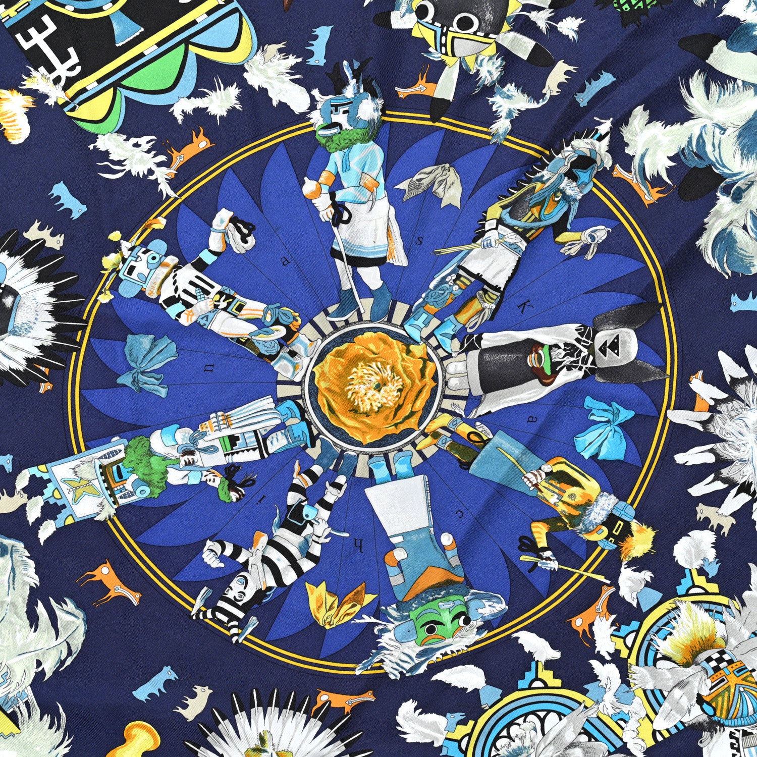 Hermes Silk Kachinas Wash Scarf 90 Marine Jaune Vert 5 of 6