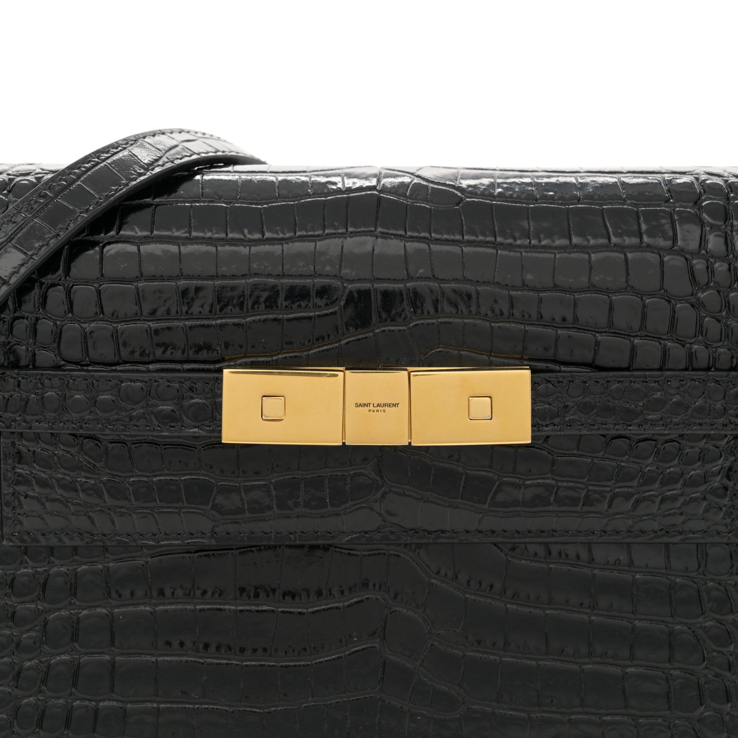 Saint Laurent Shiny Calfskin Crocodile Embossed Small Manhattan Baguette Black 8 of 11