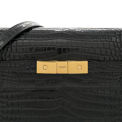 Saint Laurent Shiny Calfskin Crocodile Embossed Small Manhattan Baguette Black 8 of 11