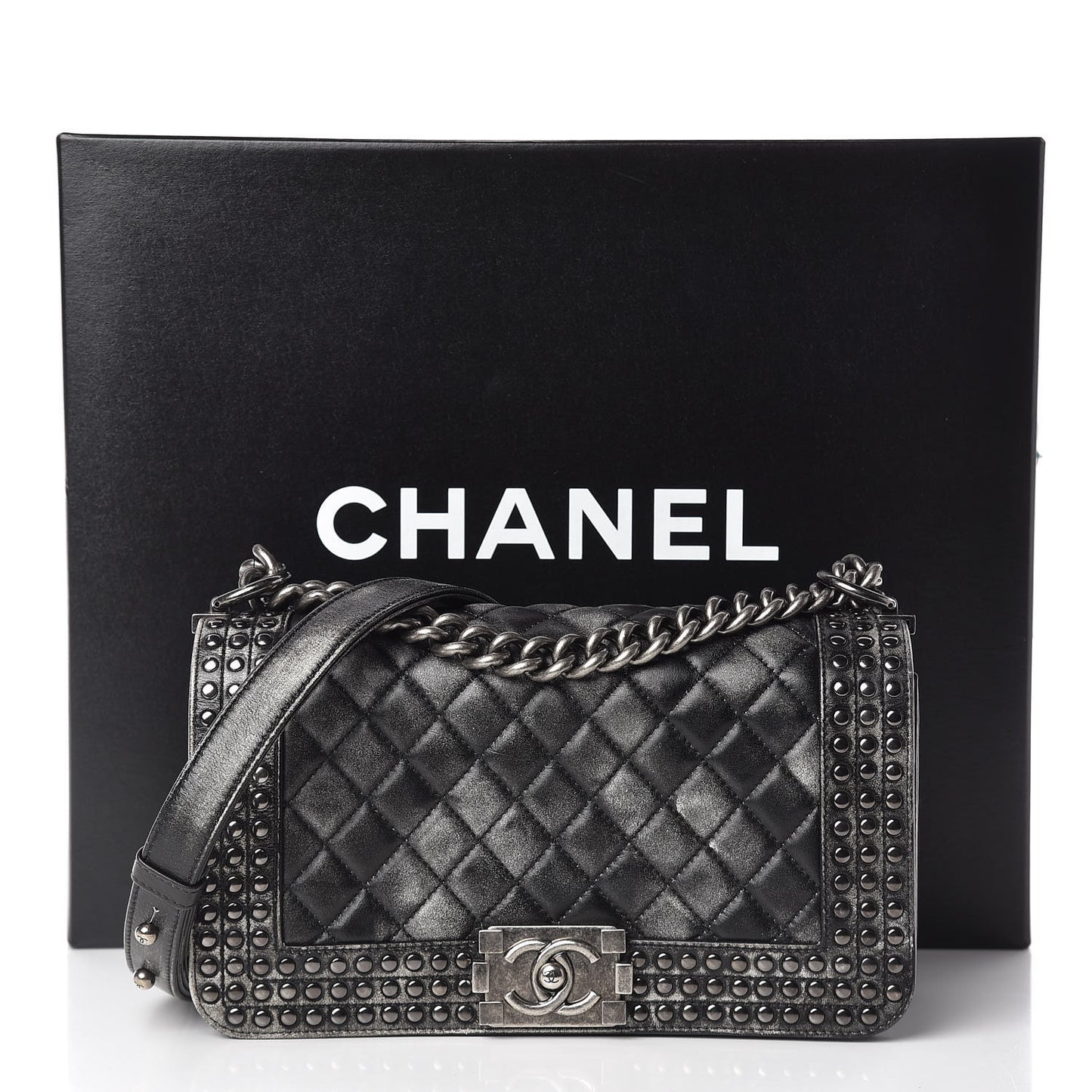 Faded Calfskin Quilted Medium Studded Boy Flap Black