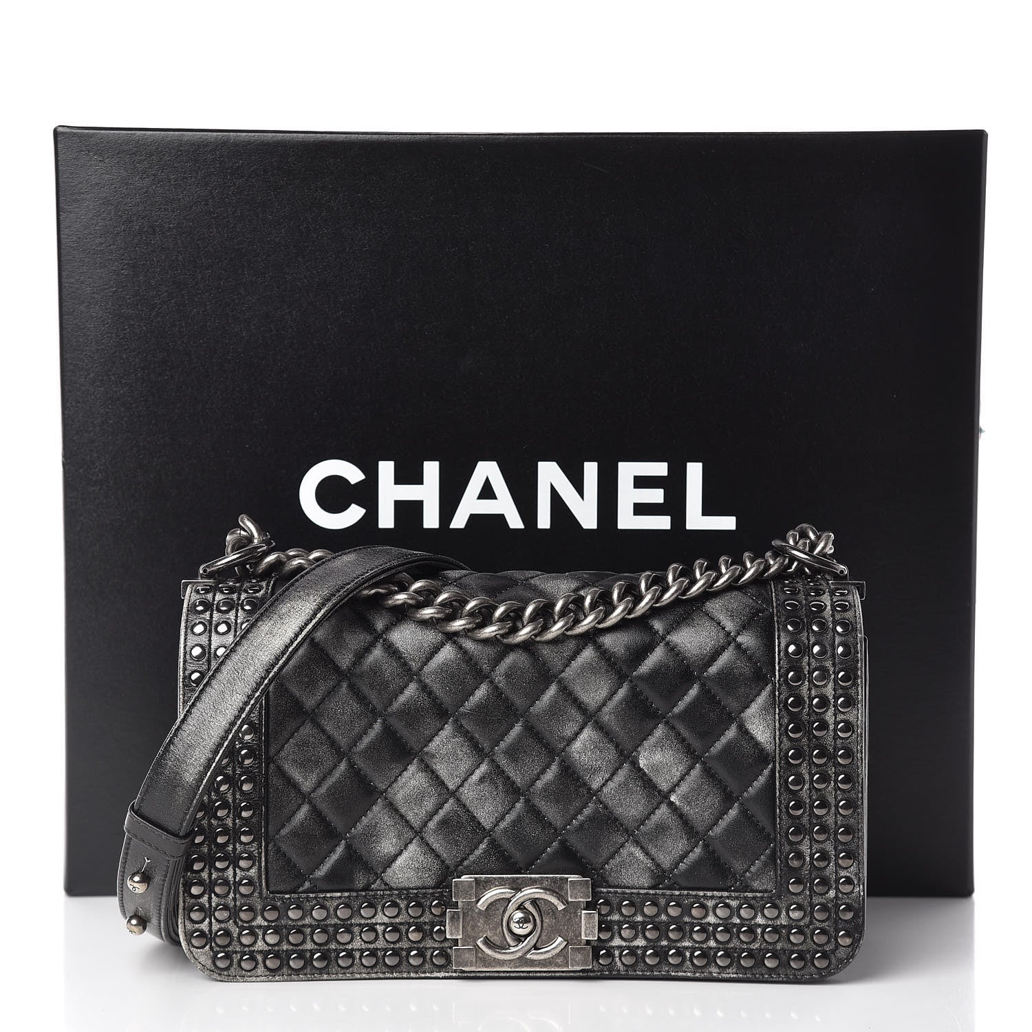 Chanel Faded Calfskin Quilted Medium Studded Boy Flap Black 18 of 18