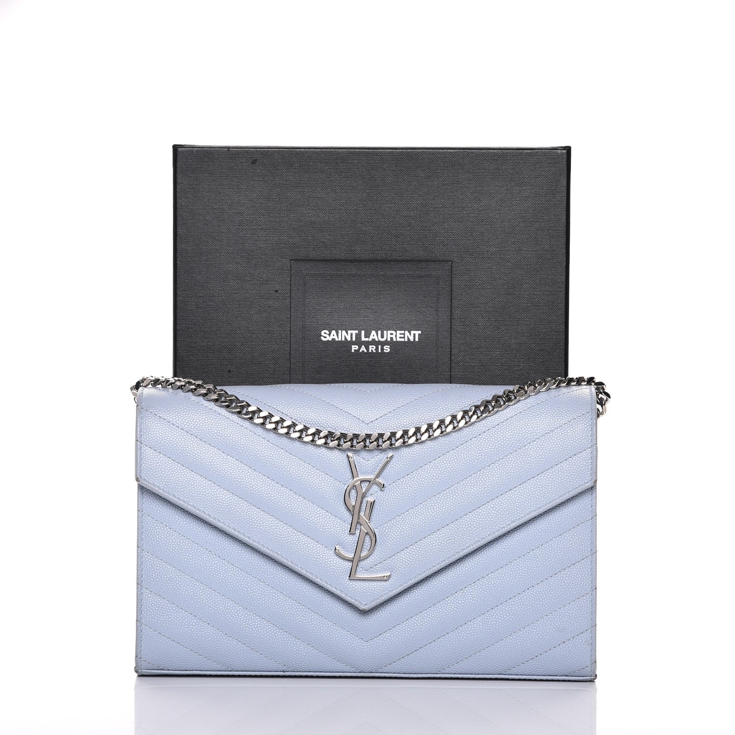 Saint Laurent Grain De Poudre Matelasse Monogram Chain Wallet Sky Blue 13 of 13