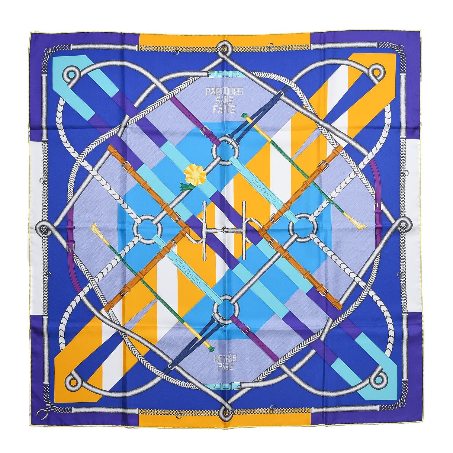 Hermes Silk Parcours Sans Faute Scarf 90 Bleu Jaune Turquoise 1 of 7