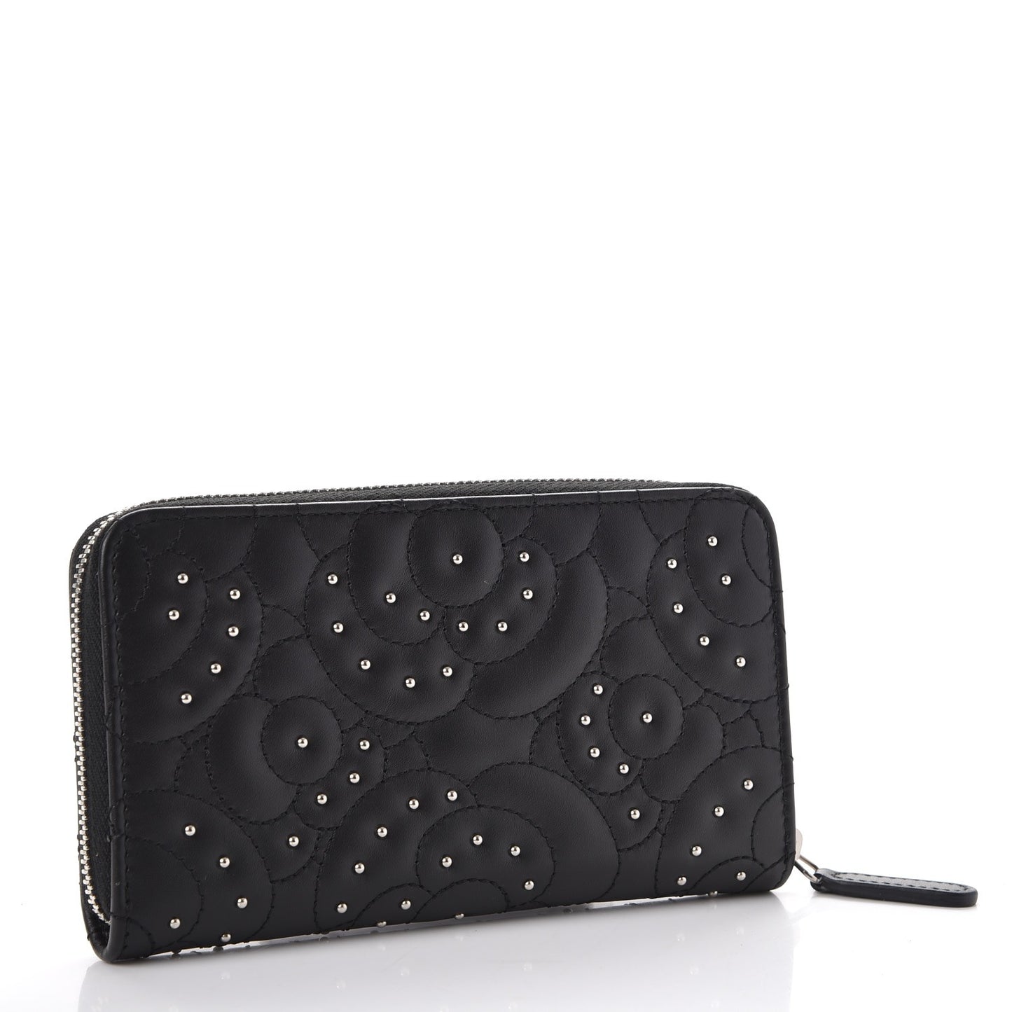 Lambskin Camellia Studded Zip Around Wallet Black