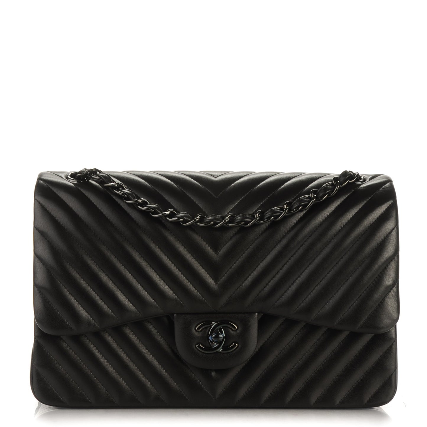 Lambskin Chevron Quilted Jumbo Double Flap So Black