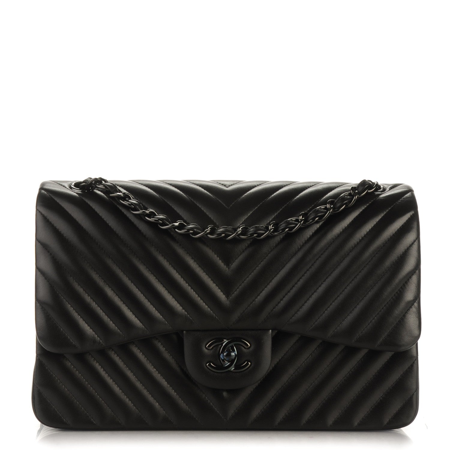 Chanel Lambskin Chevron Quilted Jumbo Double Flap So Black 1 of 8