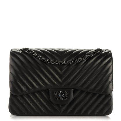 Chanel Lambskin Chevron Quilted Jumbo Double Flap So Black 1 of 8