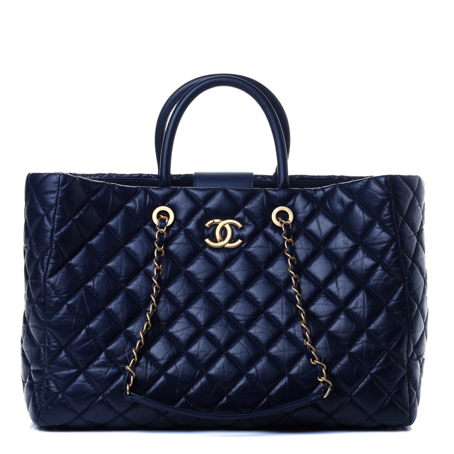 Aged Calfskin Quilted Large Coco Handle Shopping Tote Navy