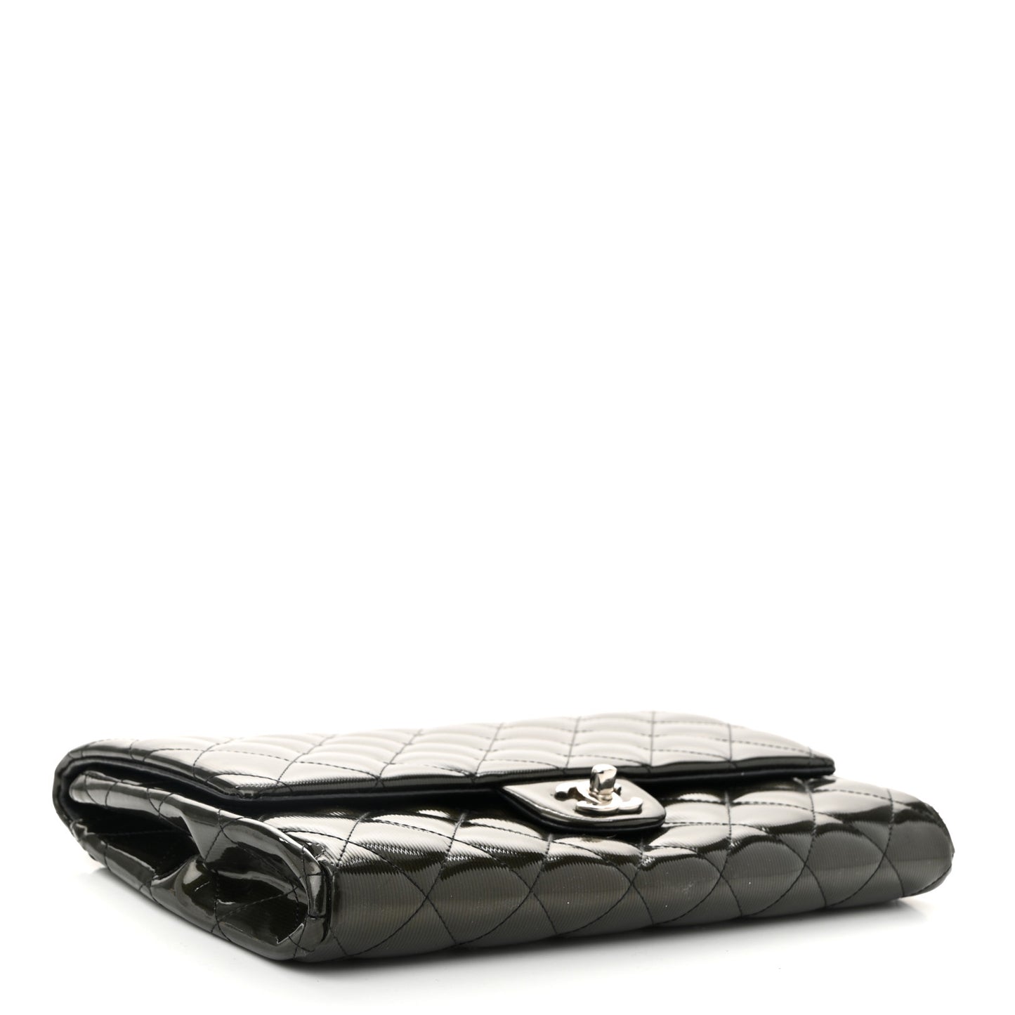 Striated Patent Quilted Clutch With Chain Flap Dark Grey