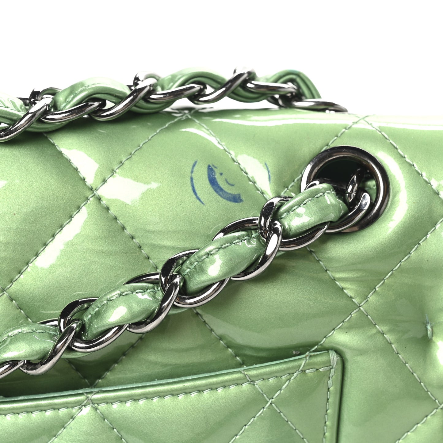 Patent Calfskin Quilted Jumbo Double Flap Green
