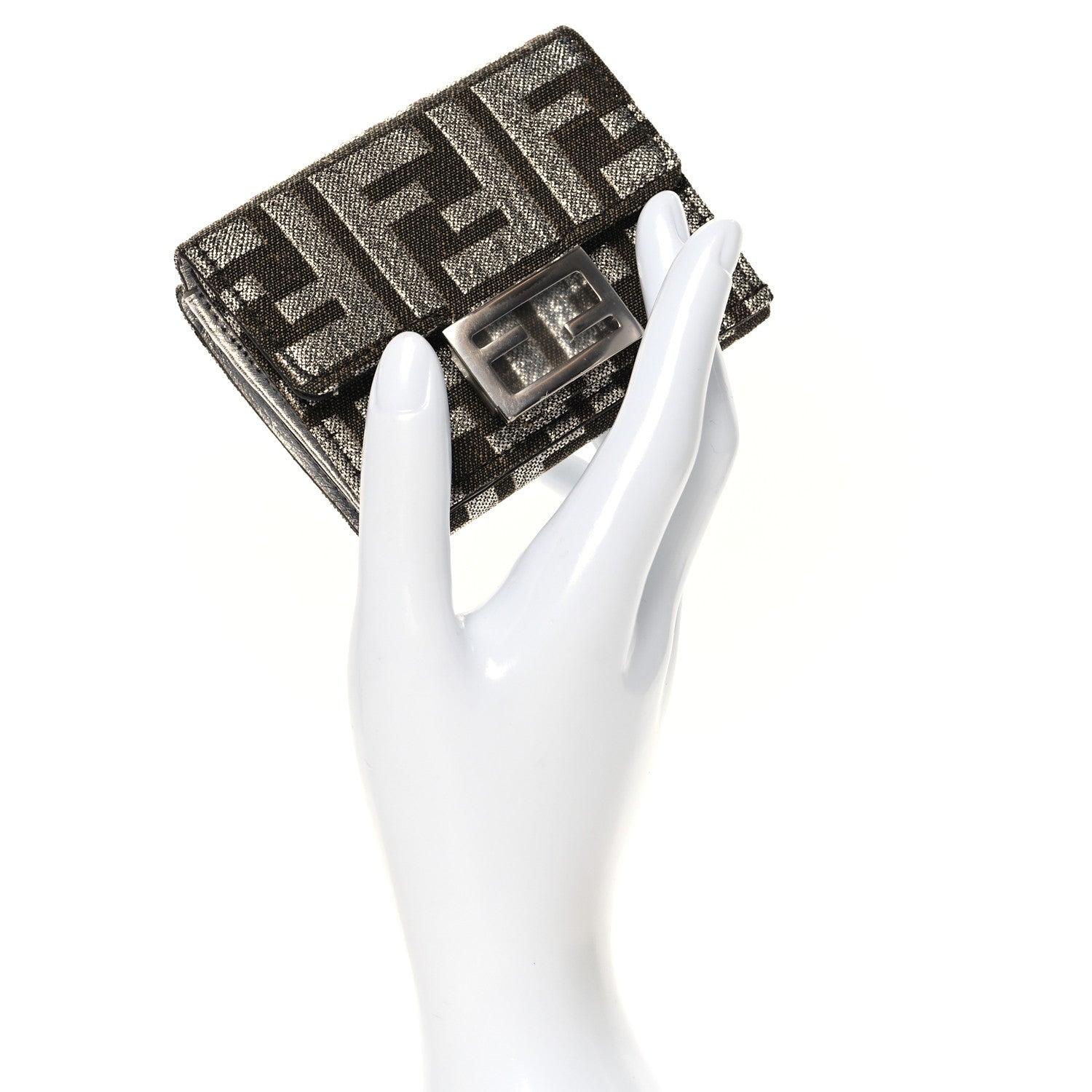 Fendi Fabric Jacquard FF 1974 Micro Trifold Baguette Wallet Ebano Argento 2 of 8