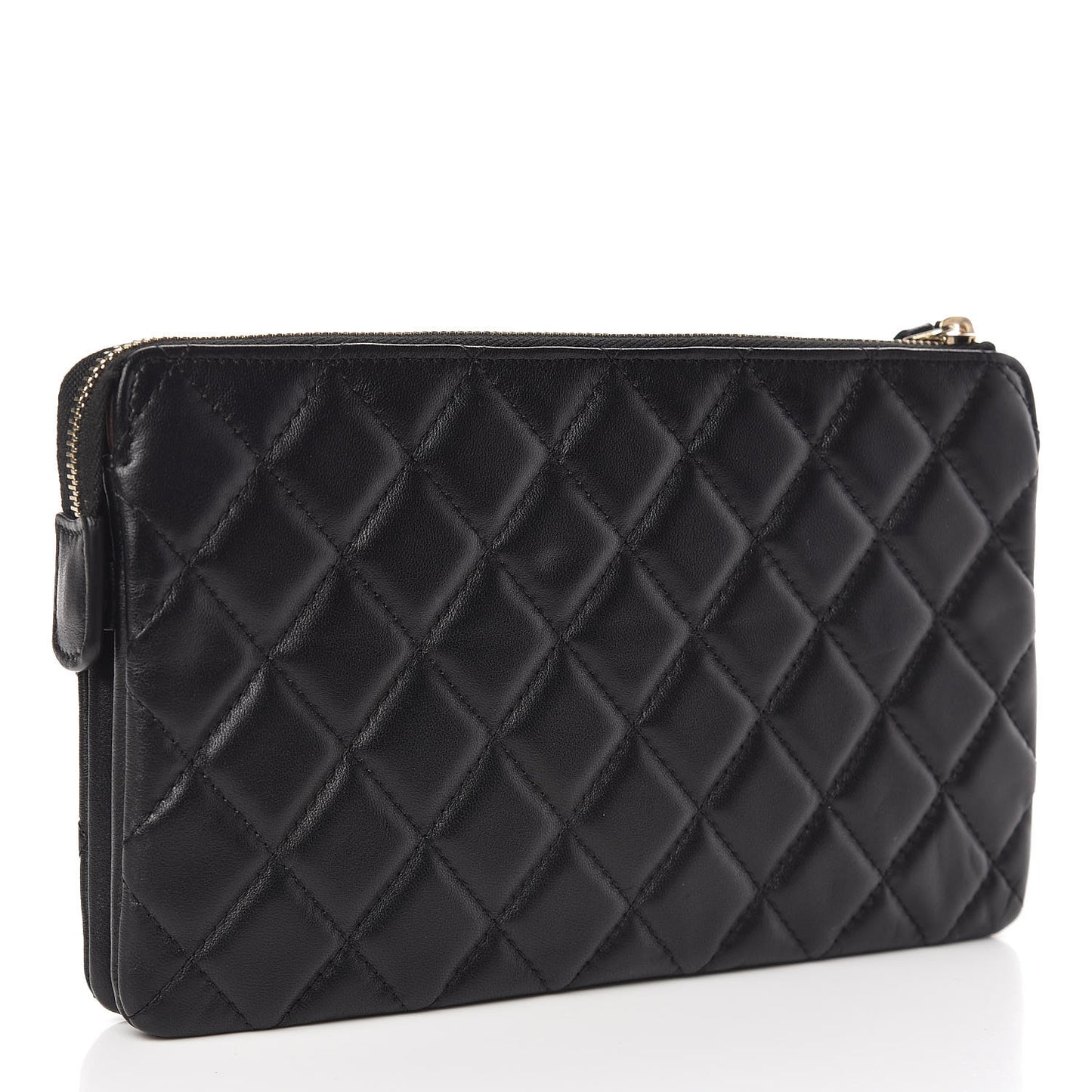 Lambskin Quilted Large Zipped Clutch Black