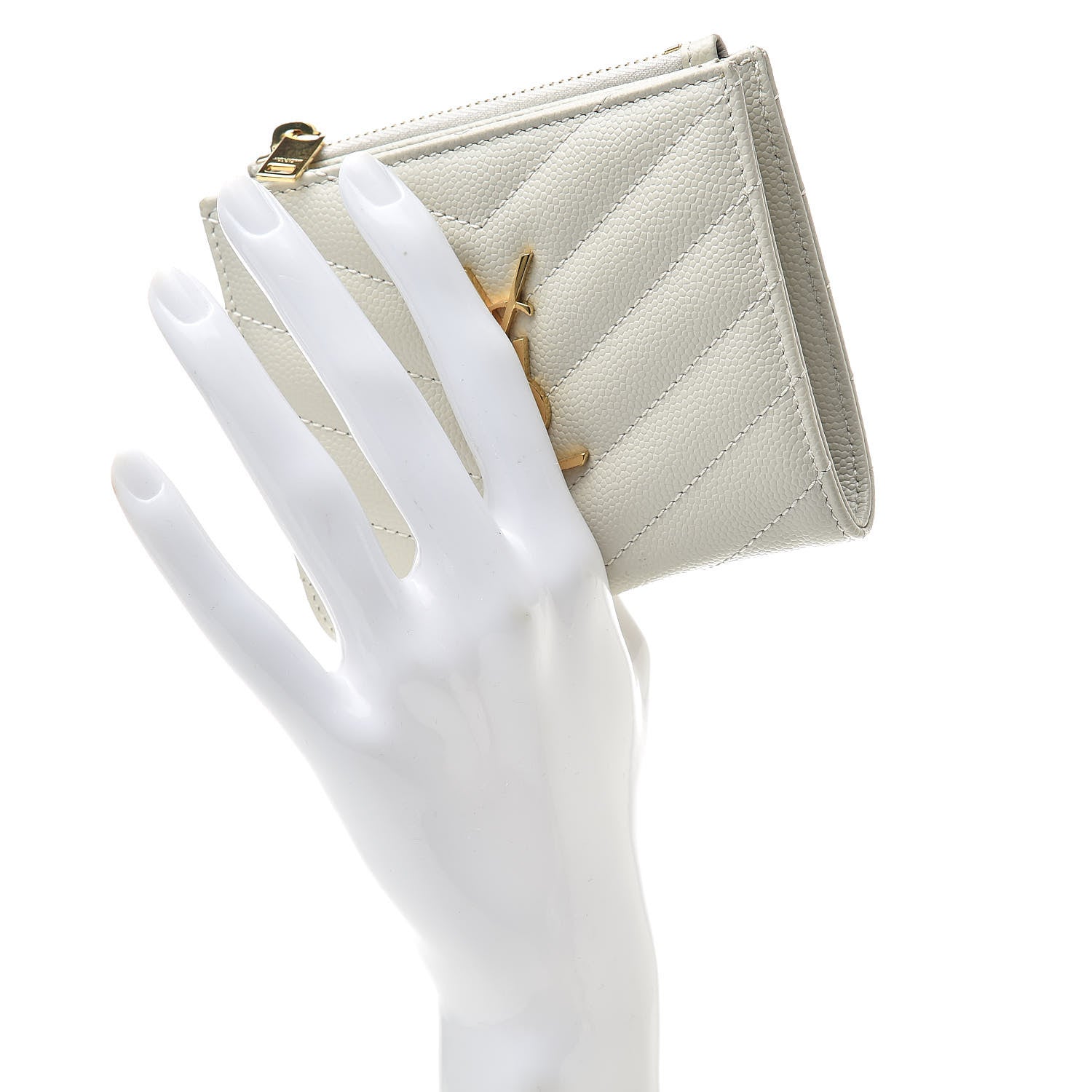 Saint Laurent Grain De Poudre Matelasse Chevron Monogram Zipped Card Case Crema Soft 2 of 11