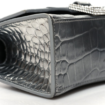 Balenciaga Metallic Calfskin Crocodile Embossed Crystal Hourglass Top Handle Bag XS Silver 9 of 12
