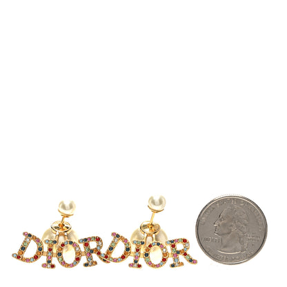 Christian Dior Pearl Crystal Logo Tribal Earrings Gold Multicolor 4 of 5
