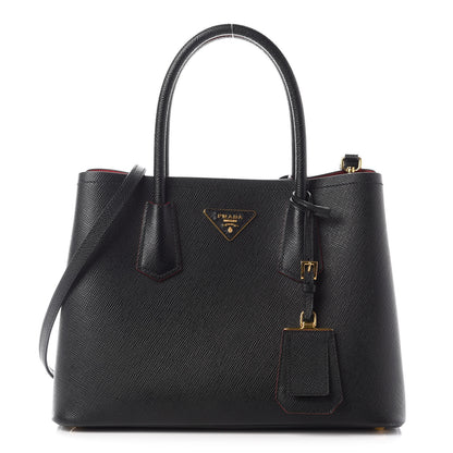 Prada Saffiano Cuir Small Double Bag Black Fuoco 1 of 7