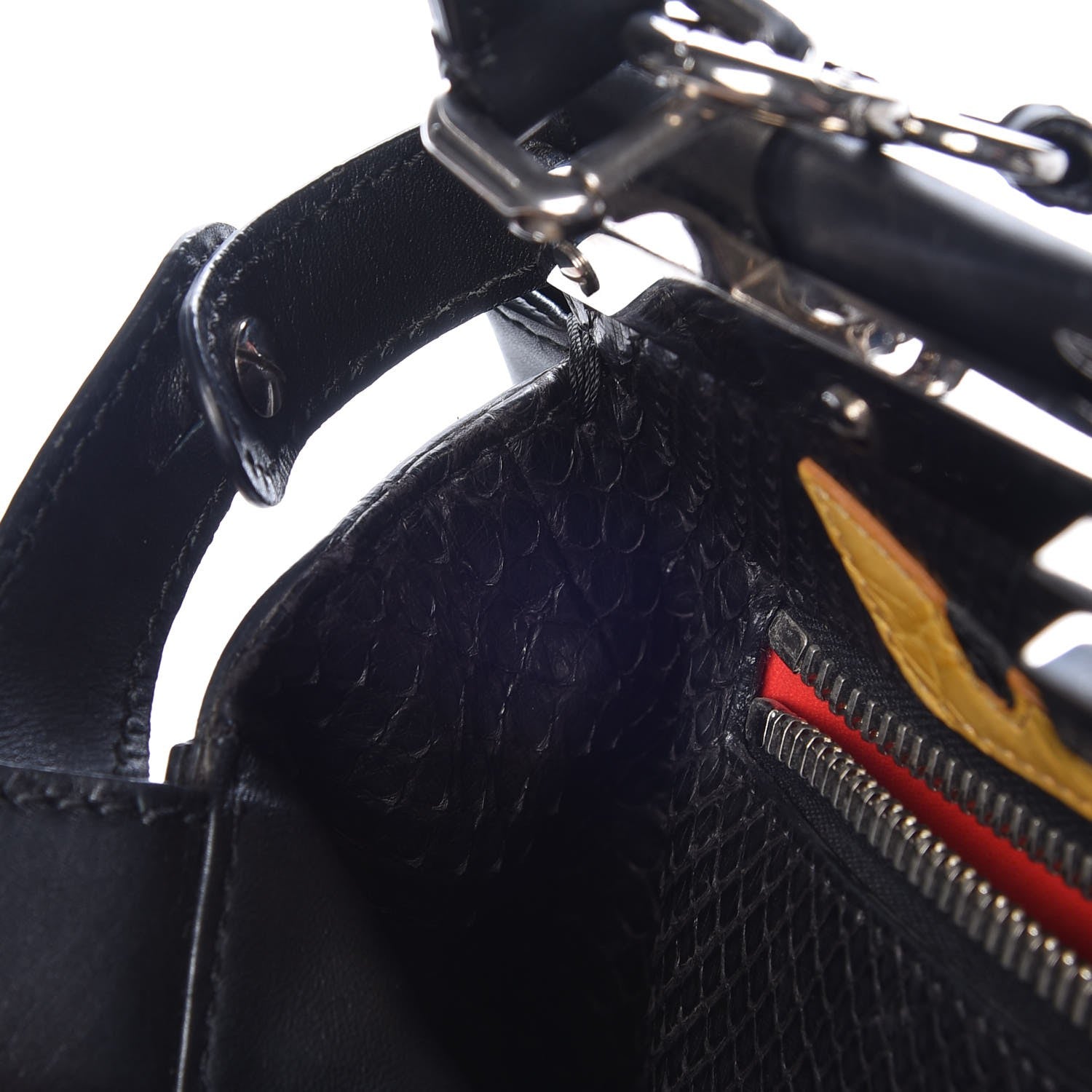 Fendi Vitello Seta Python Crocodile Monster Eyes Medium Peekaboo Iconic Satchel Black Girasole 9 of 11