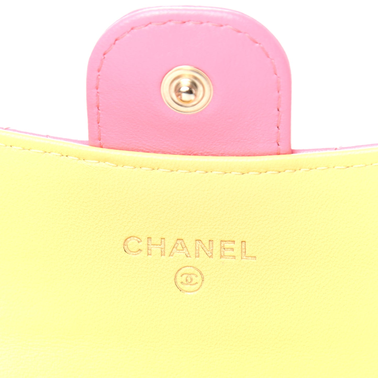 Lambskin Quilted Flap Card Holder Wallet Pink Yellow