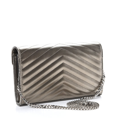 Saint Laurent Metallic Grain De Poudre Matelasse Chevron Monogram Chain Wallet Piombo 2 of 11