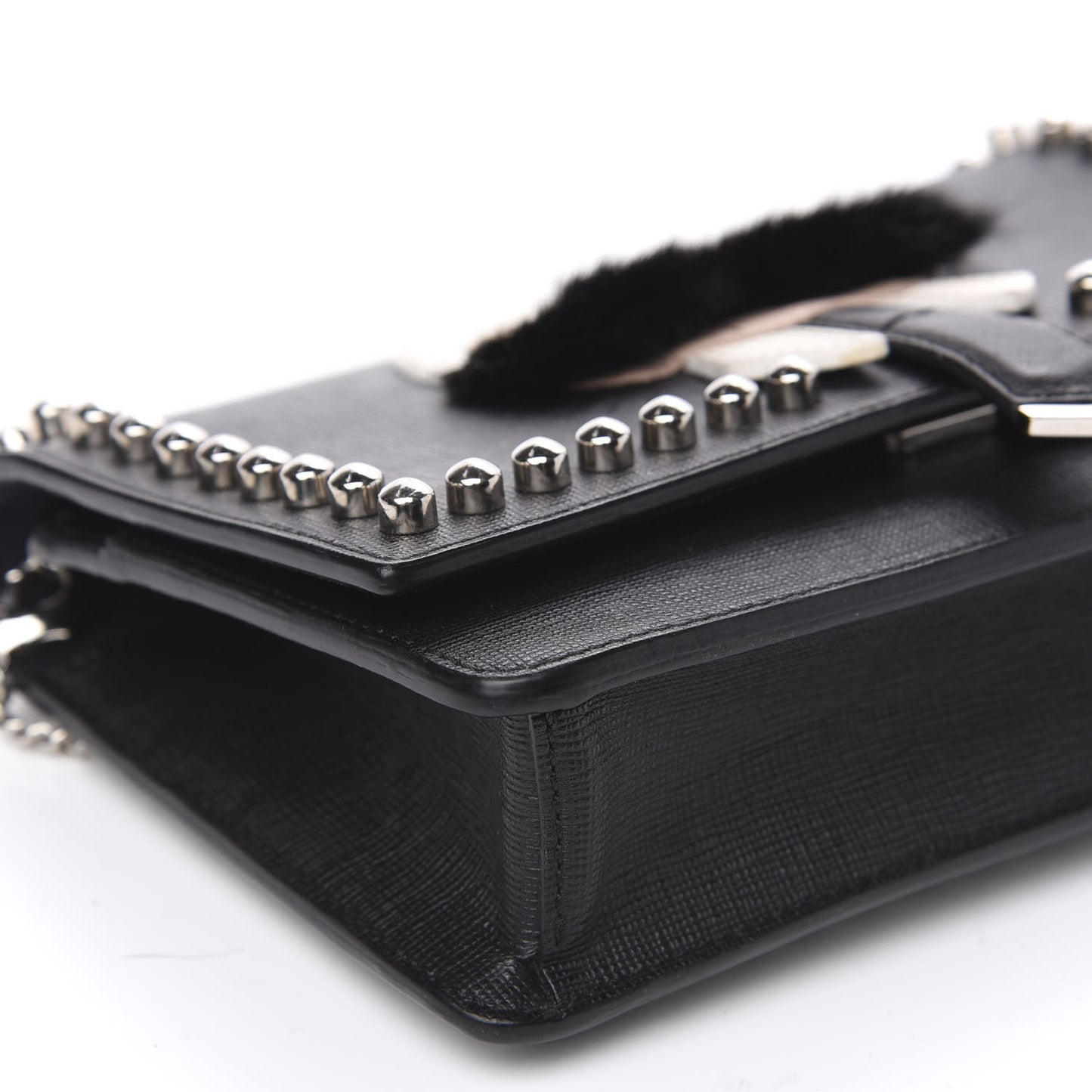 Vitello Elite Mink Fur Studded Karlito Tube Wallet on Chain Black