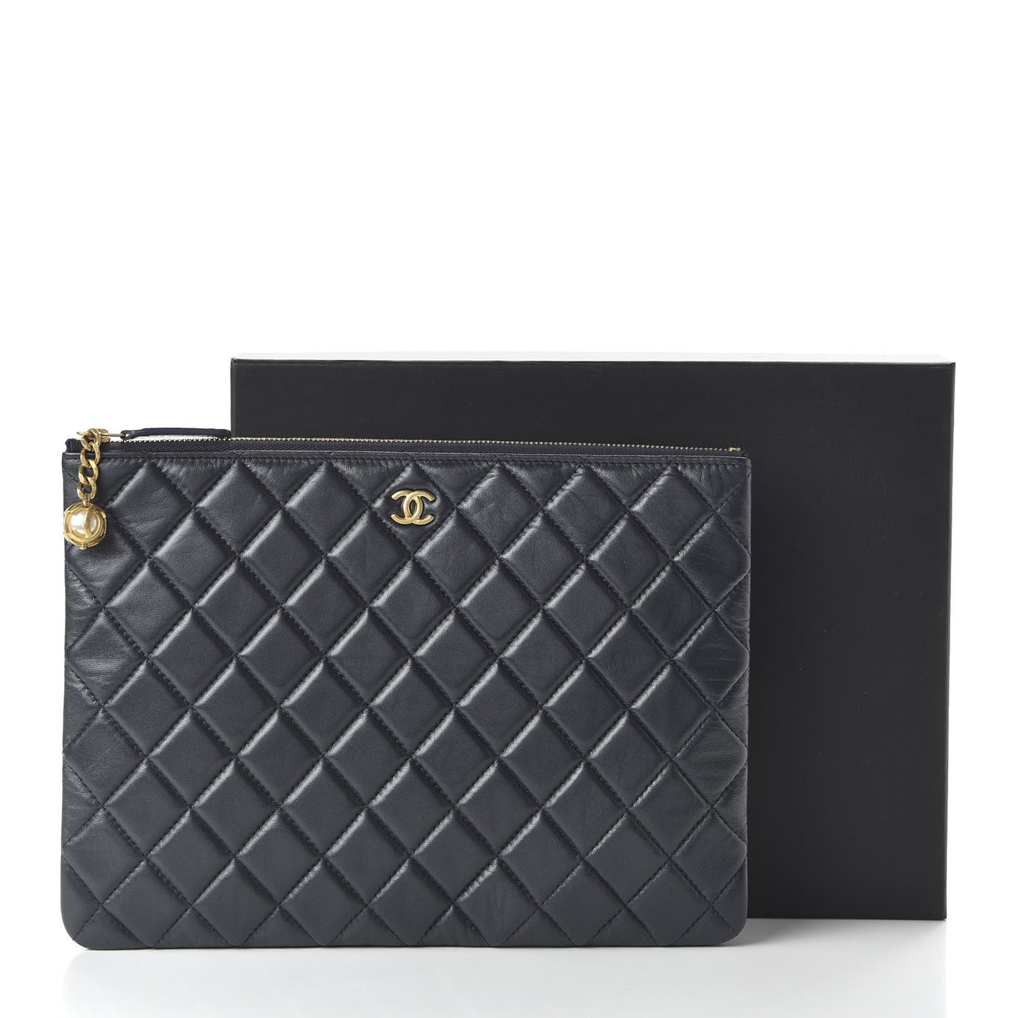 Lambskin Quilted Pearl Crush Medium Cosmetic Case Dark Blue