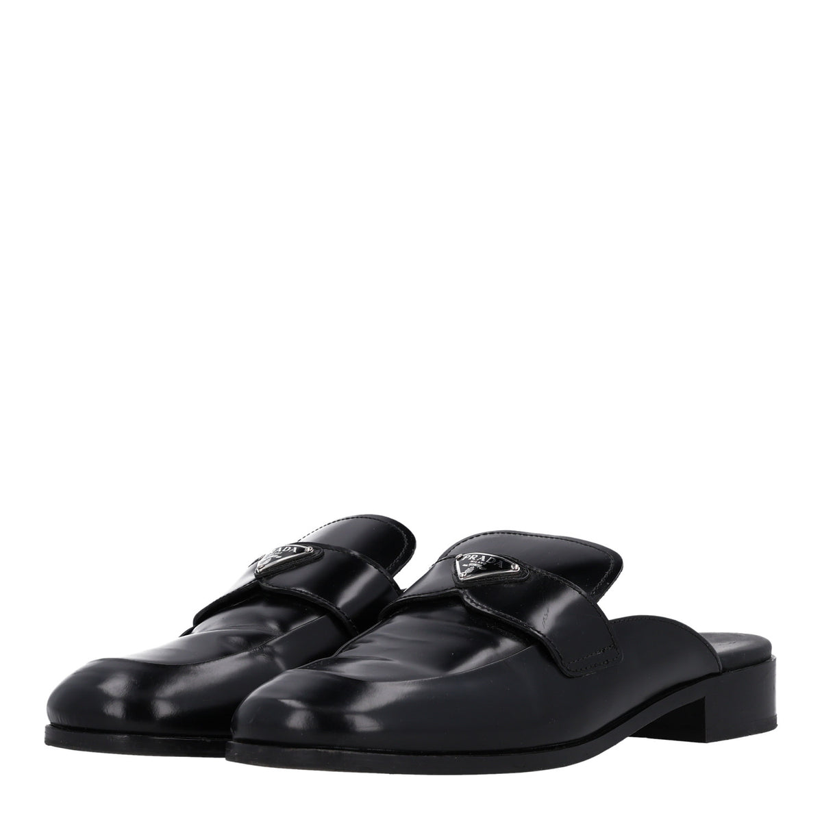 Prada City Calfskin Metal Triangle Logo 20mm Flat Mules 41 Black 4 of 9
