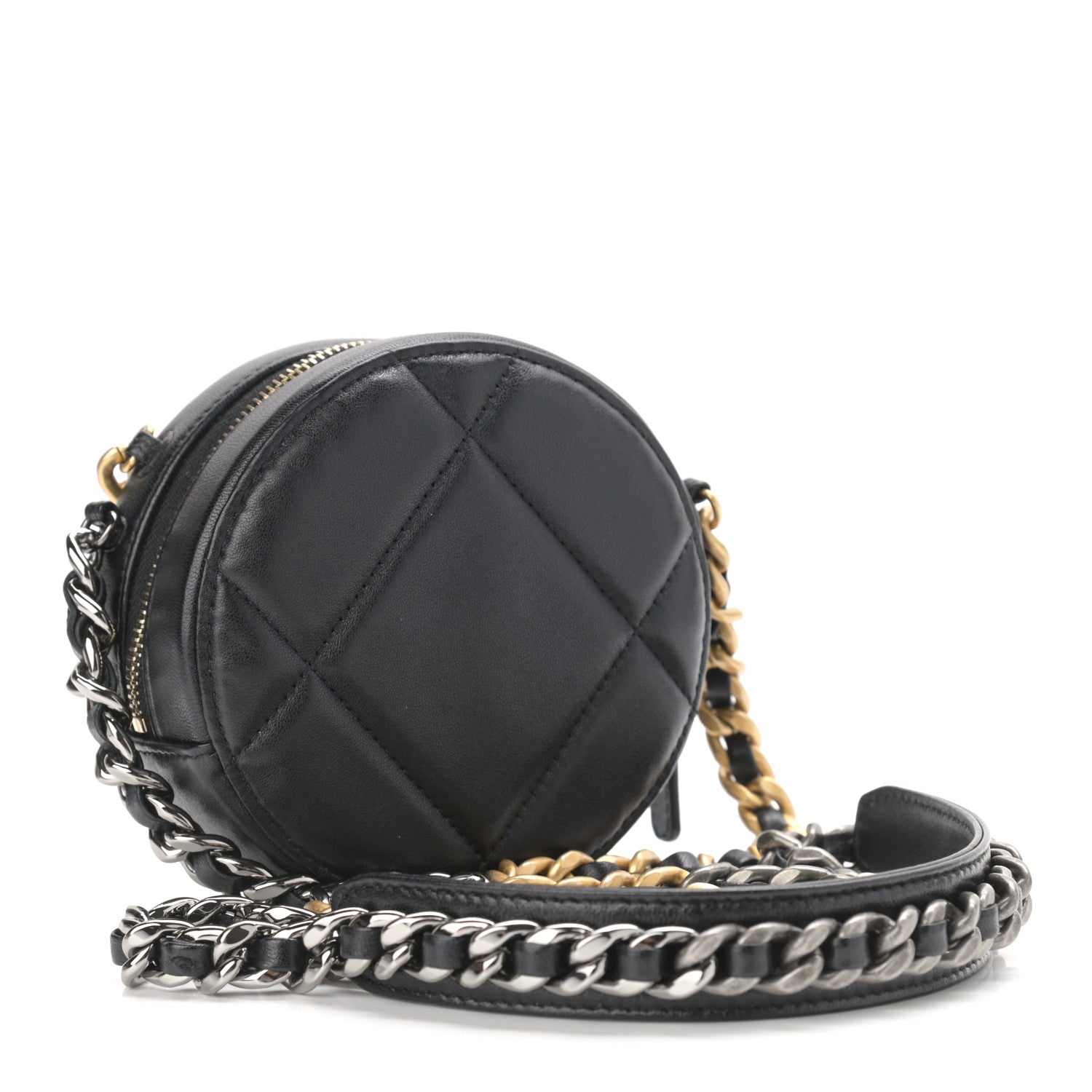 Chanel Shiny Goatskin Quilted Chanel 19 Round Clutch With Chain Black 3 of 11