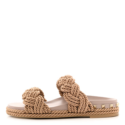 Valentino Garavani Calfskin Silk Woven Rockstud Torchon 5mm Sandals 39 Poudre 1 of 11