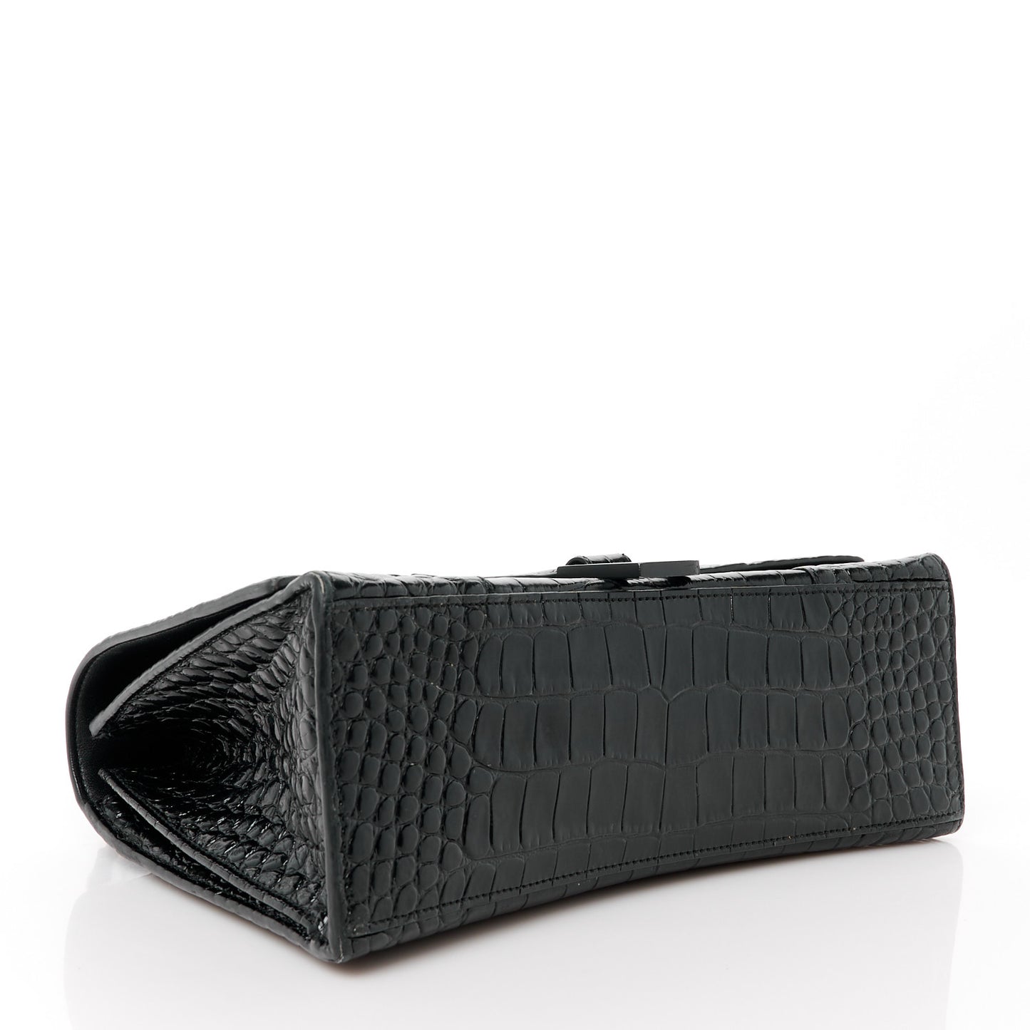 Shiny Calfskin Monochrome Crocodile Embossed Medium Hourglass Top Handle Bag Black