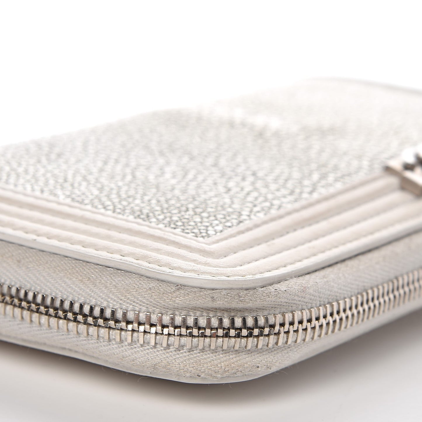 Metallic Galuchat Stingray Lambskin Boy Zip Around Wallet Silver