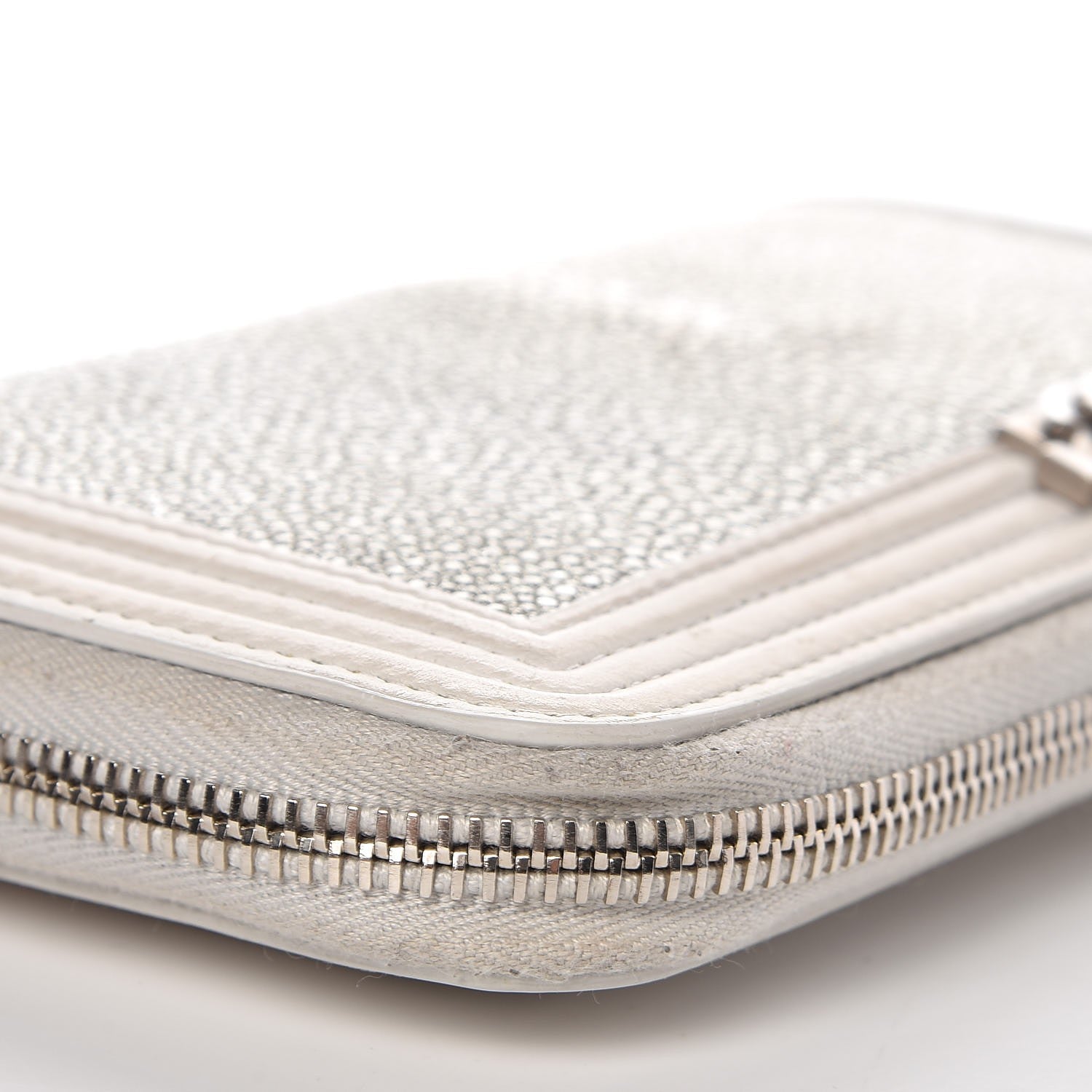 Chanel Metallic Galuchat Stingray Lambskin Boy Zip Around Wallet Silver 13 of 16