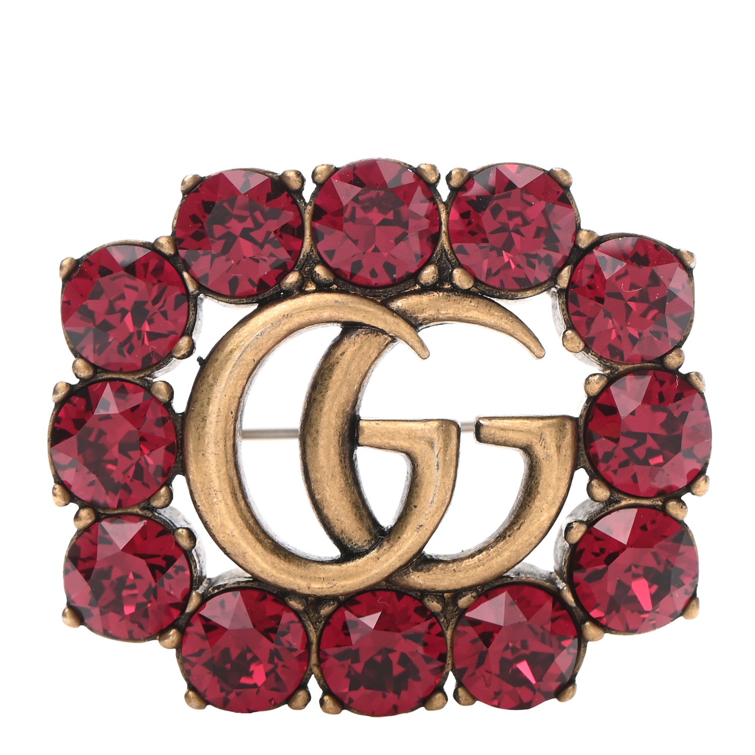 Gucci Metal Crystal Double G Brooch Aged Gold Red 1061208