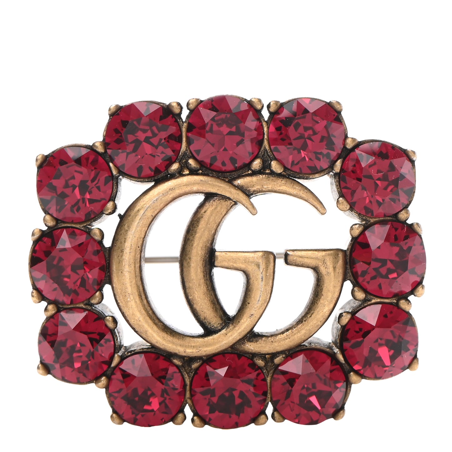Metal Crystal Double G Brooch Aged Gold Red