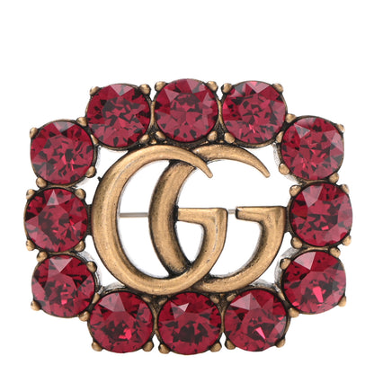 Gucci Metal Crystal Double G Brooch Aged Gold Red 1 of 5