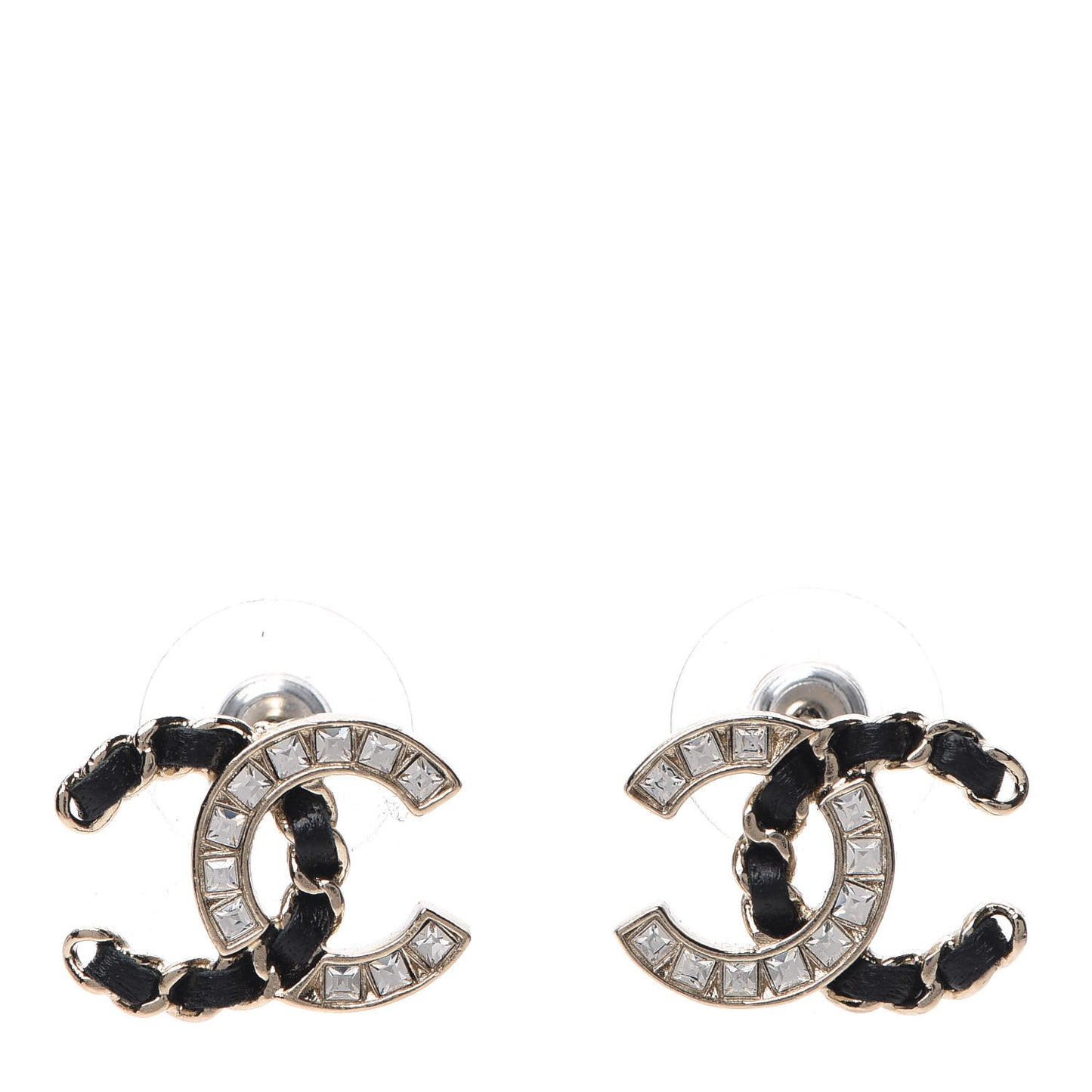 Crystal Baguette Lambskin Chain CC Vintage Allure Stud Earrings Black Gold