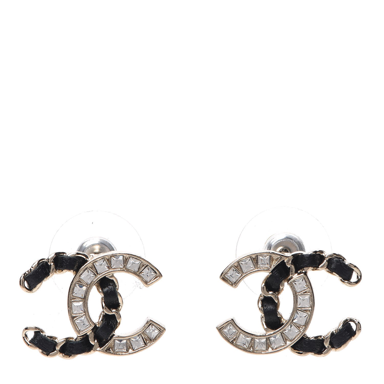 Chanel Crystal Baguette Lambskin Chain CC Vintage Allure Stud Earrings Black Gold 1 of 5