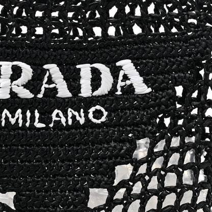 Prada Yarn Raffia Effect Crochet Logo Embroidered Tote Bag Black 7 of 9