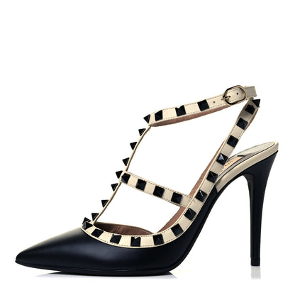 Valentino Garavani Calfskin Rockstud Ankle Strap 100mm Pumps 37.5 Black Light Ivory 1 of 7