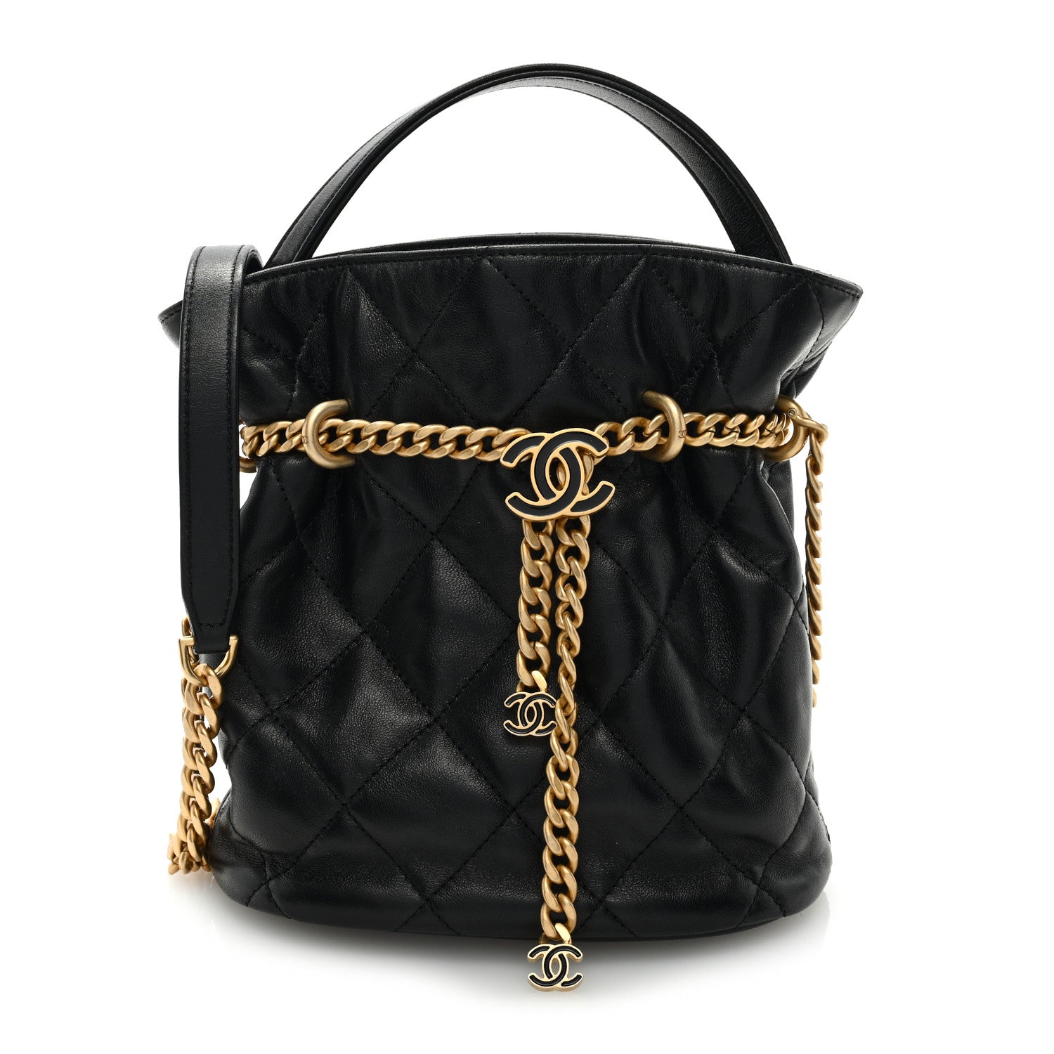 Chanel Lambskin Enamel Quilted Pending CC Bucket Drawstring Bag Black 1 of 9