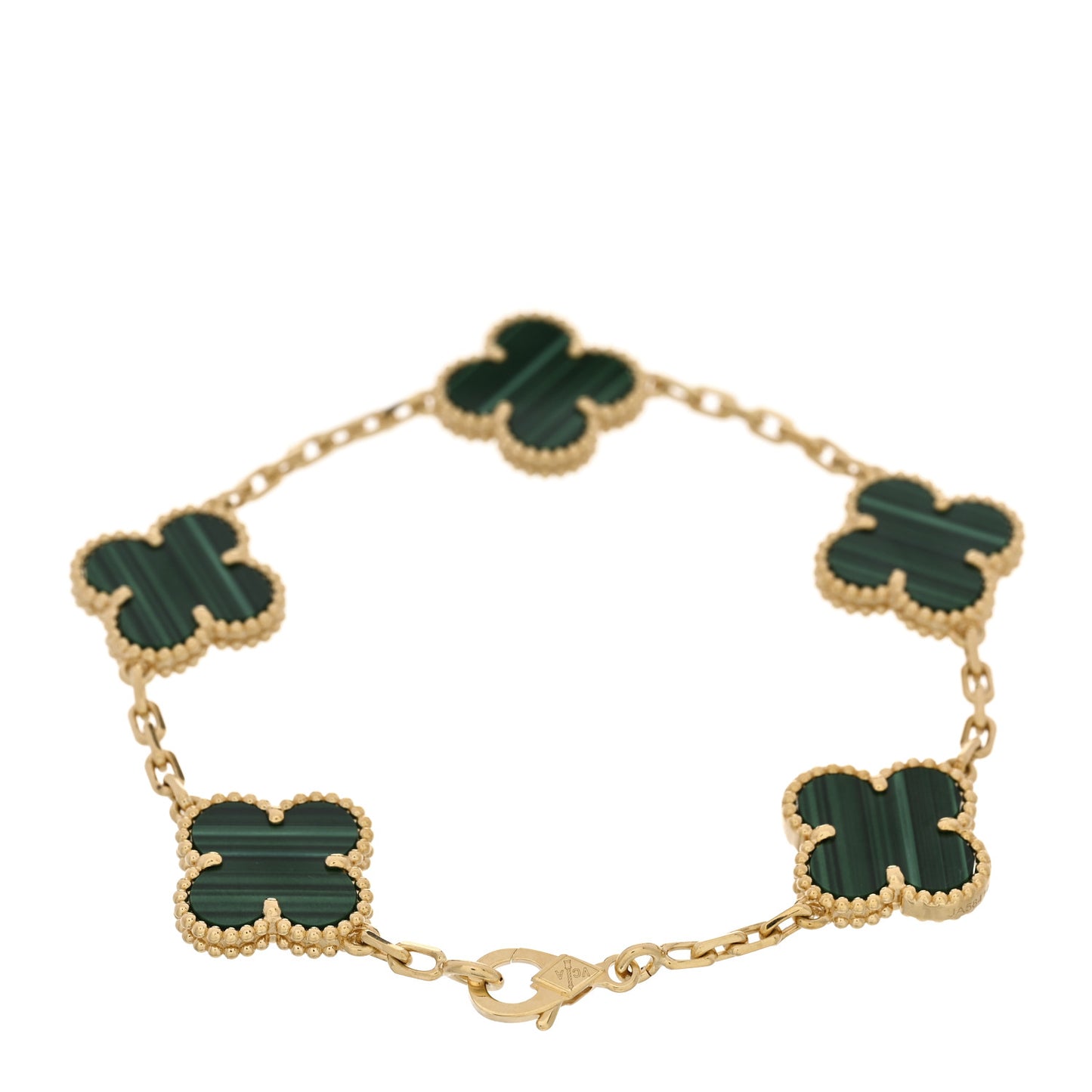 18K Yellow Gold Malachite 5 Motifs Vintage Alhambra Bracelet