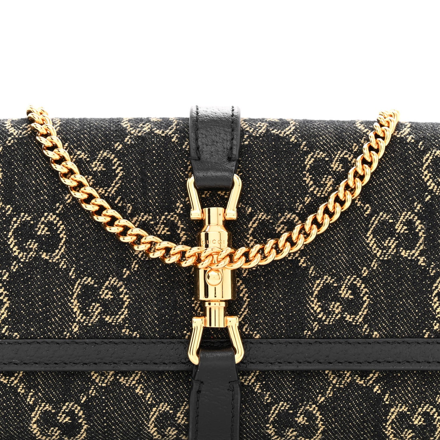 Jacquard Black Denim GG Monogram Textured Dollar Calfskin Jackie 1961 Chain Wallet Black Ivory
