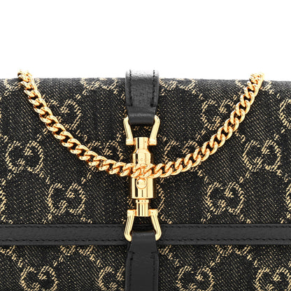 Gucci Jacquard Black Denim GG Monogram Textured Dollar Calfskin Jackie 1961 Chain Wallet Black Ivory 8 of 10